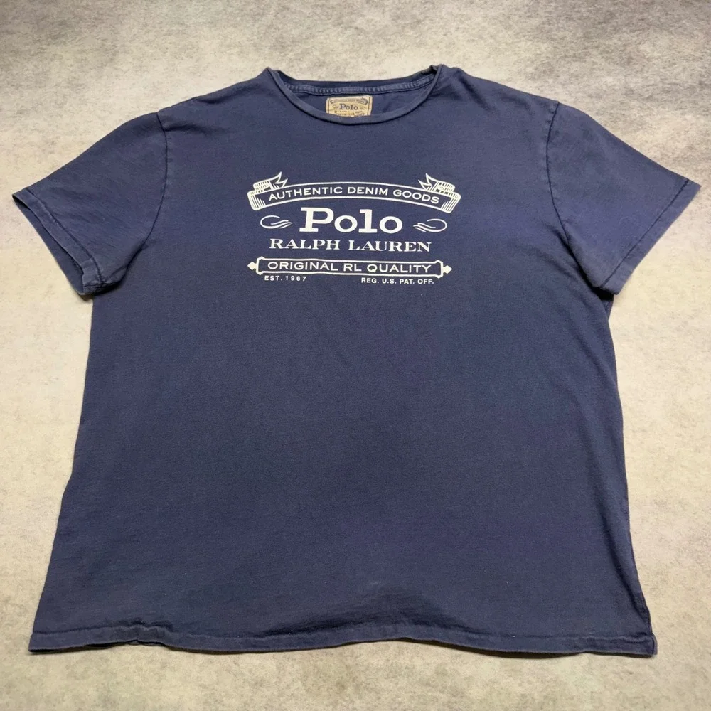 VTG Polo Ralph Lauren Authentic Denim Goods Mens Large Blue Graphic Logo T-Shirt